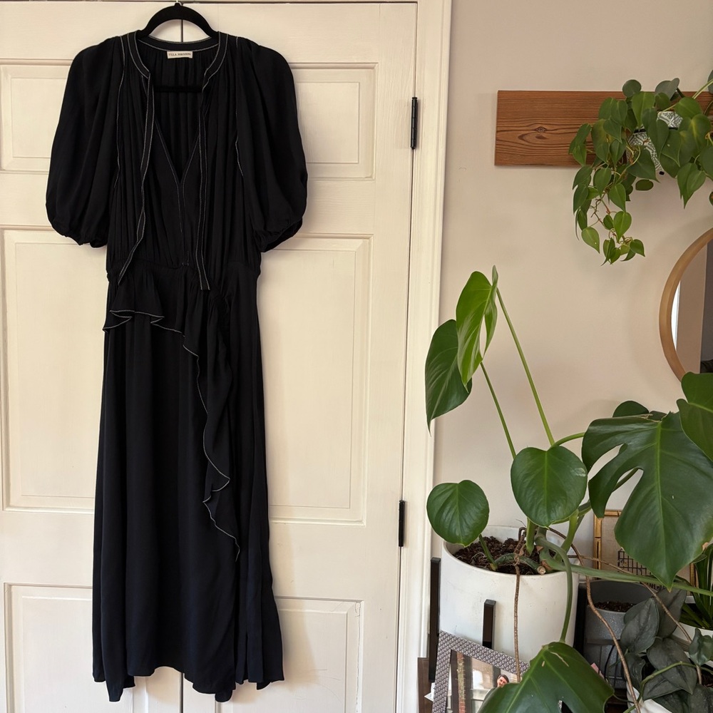 Ulla Johnson Leah Dress Noir Black Midi Puff Sleeve Contrast Trim Size 10 Tie‎ - Picture 7 of 16